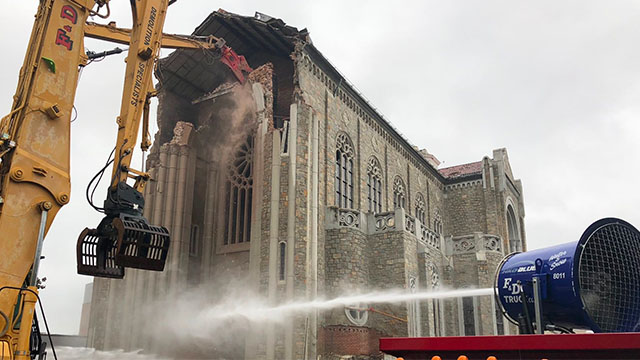 Worcester Church Demolition Is Full Throttle with Custom HKD Blue V-575 SS Dust Control System